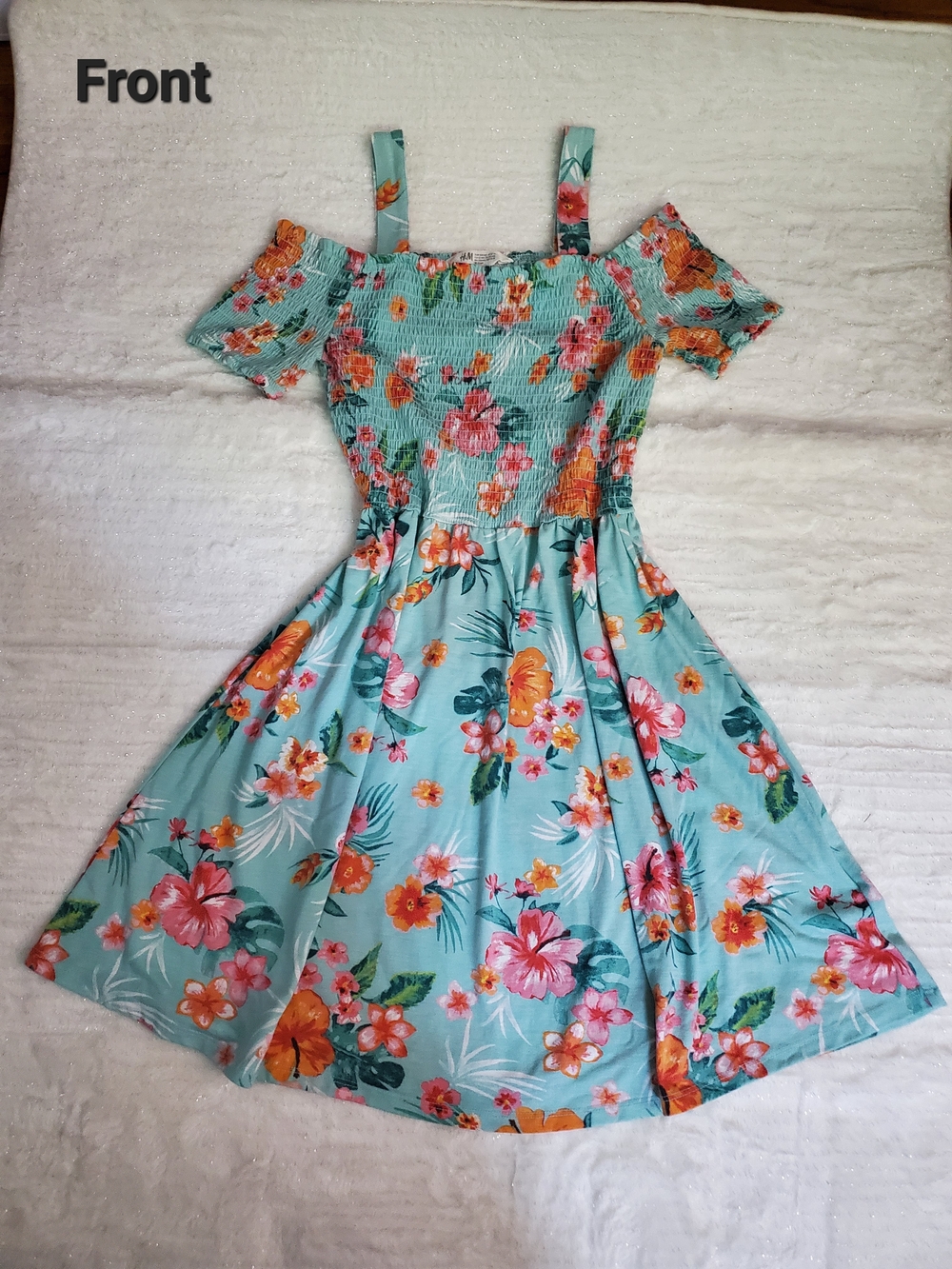 H&M Aqua Floral Off-Shoulder Sundress with Orange & Pink Flowers